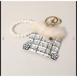Purple Fuzzy Neck Flower Cuff Tweed Jacket Pearl Chain Bag Charm / Keychain